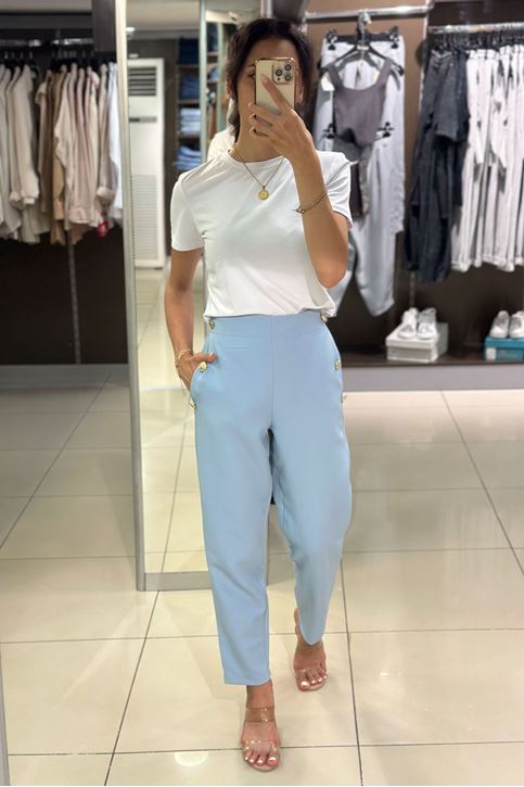 Yan Üç Düğmeli Arkası Lastikli Cepli Kumaş Pantolon-Açık Mavi