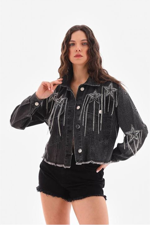 Yıldızlı Zincir Detaylı Kot Ceket-Siyah