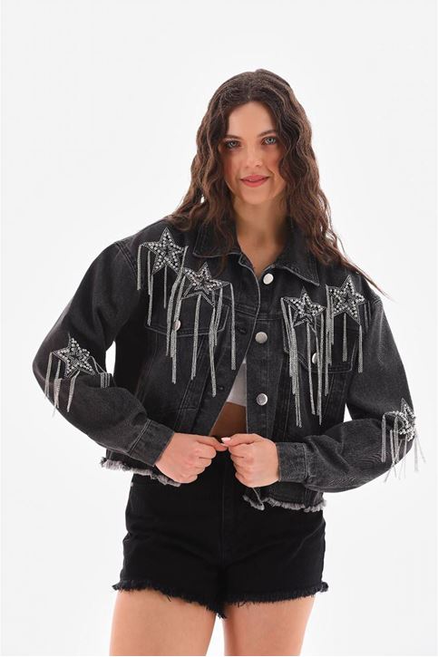Yıldızlı Zincir Detaylı Kot Ceket-Siyah