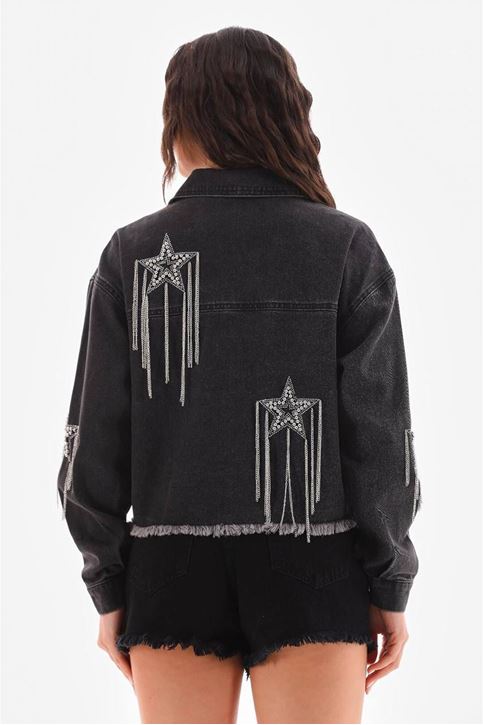 Yıldızlı Zincir Detaylı Kot Ceket-Siyah