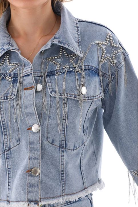 Yıldızlı Zincir Detaylı Kot Ceket-Mavi