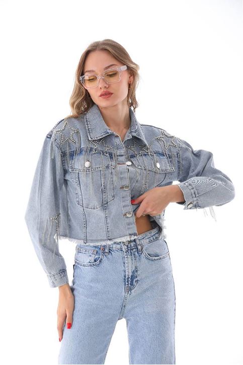 Yıldızlı Zincir Detaylı Kot Ceket-Mavi