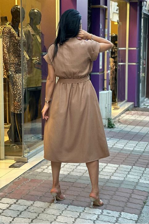 Yaka Çıtçıtlı Boncuk İşlemeli Midi Boy Elbise-Vizon