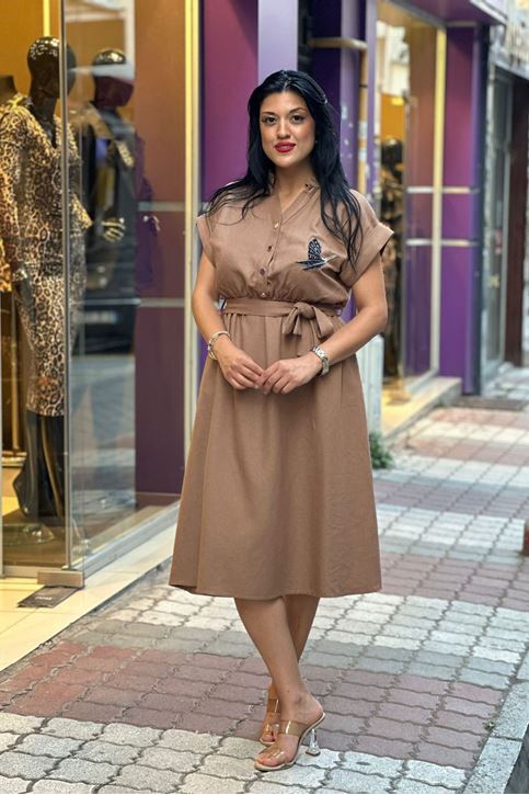 Yaka Çıtçıtlı Boncuk İşlemeli Midi Boy Elbise-Vizon