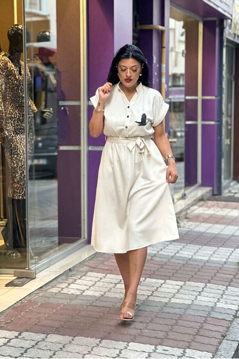 Yaka Çıtçıtlı Boncuk İşlemeli Midi Boy Elbise-Krem