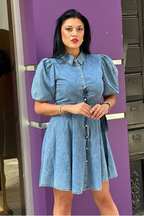 Balon Kol Düğmeli Kuşaklı Kot Elbise-Mavi