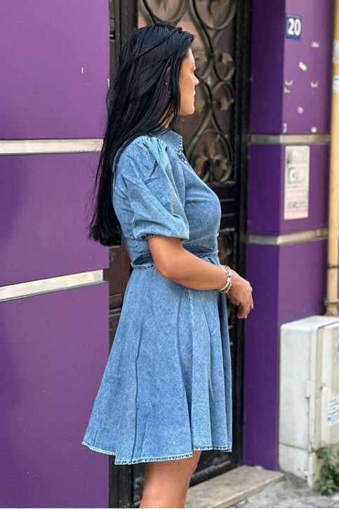 Balon Kol Düğmeli Kuşaklı Kot Elbise-Mavi