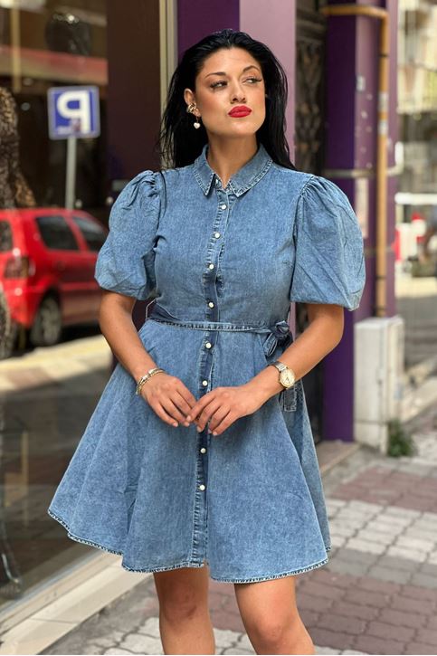 Balon Kol Düğmeli Kuşaklı Kot Elbise-Mavi