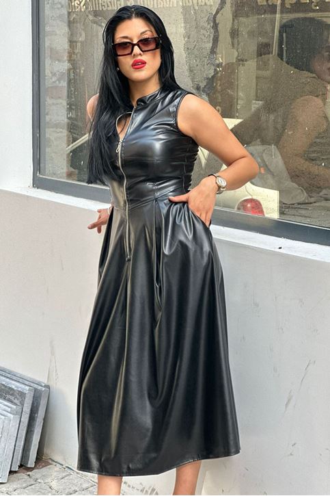 Ön Fermuarlı Midi Boy Deri Elbise-Siyah
