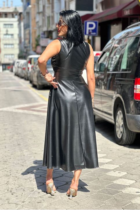 Ön Fermuarlı Midi Boy Deri Elbise-Siyah