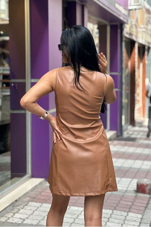 Sıfır Kol Eteği Volanlı Deri Mini Elbise-Taba