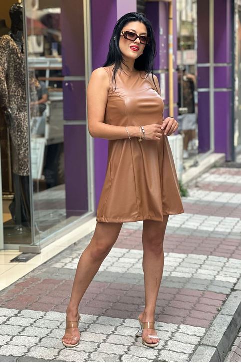 Sıfır Kol Eteği Volanlı Deri Mini Elbise-Taba