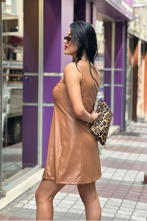 Sıfır Kol Eteği Volanlı Deri Mini Elbise-Taba