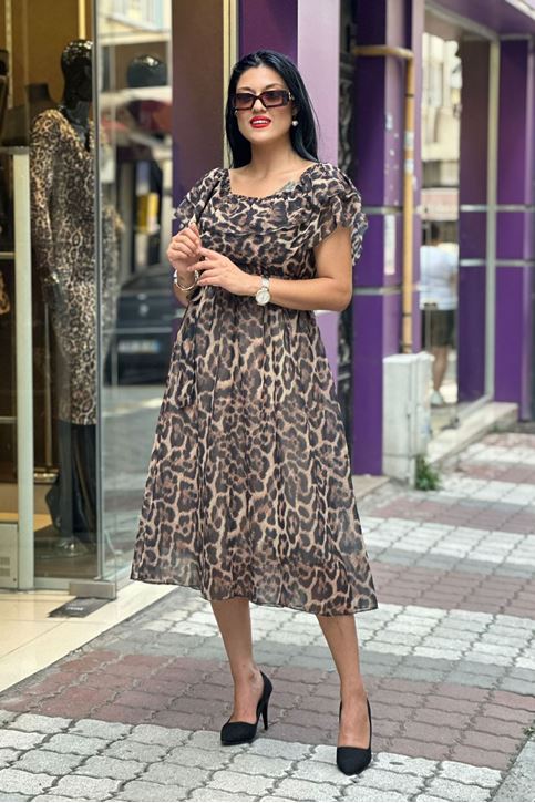 Madonna Yaka Bel Lastikli Midi Şifon Leopar Elbise-Leopar