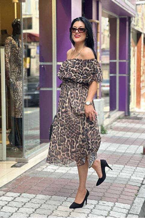 Madonna Yaka Bel Lastikli Midi Şifon Leopar Elbise-Leopar