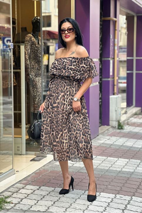 Madonna Yaka Bel Lastikli Midi Şifon Leopar Elbise-Leopar