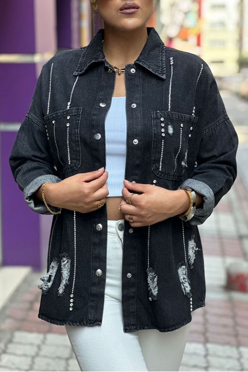 Lazer Kesim Taş Şeritli Kot Ceket-Füme