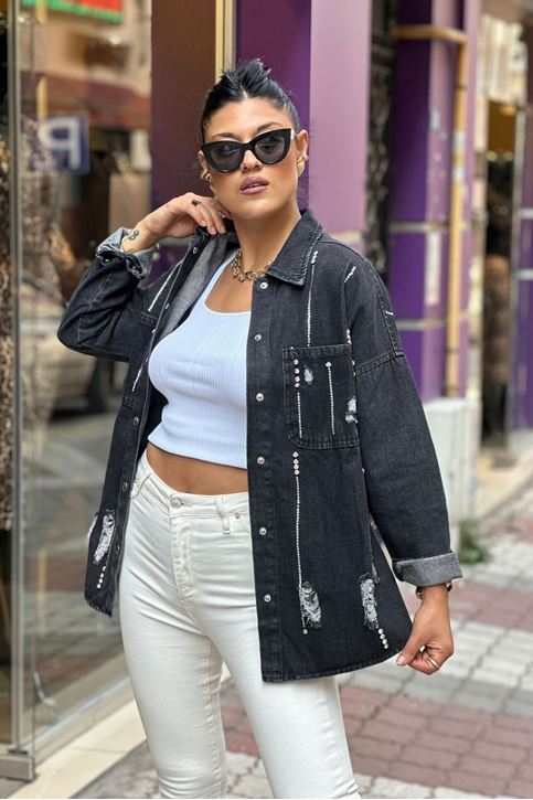 Lazer Kesim Taş Şeritli Kot Ceket-Füme