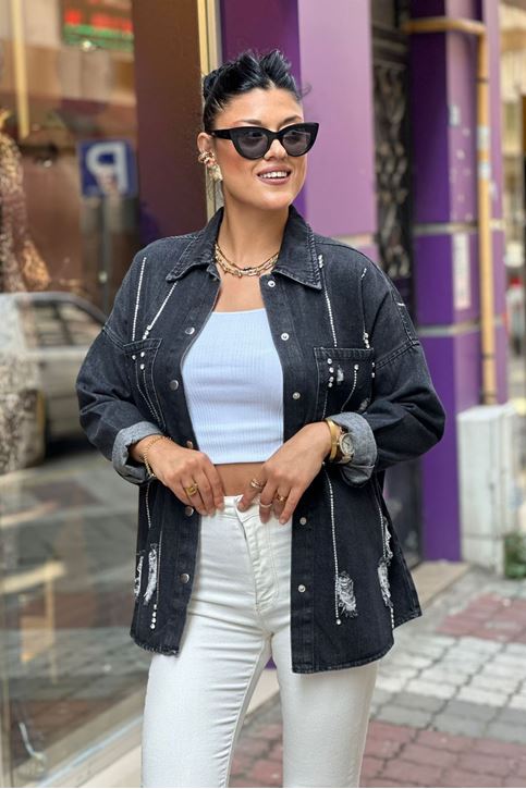 Lazer Kesim Taş Şeritli Kot Ceket-Füme