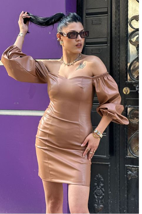 Balon Kol Kalp Yaka Deri Mini Elbise-Taba