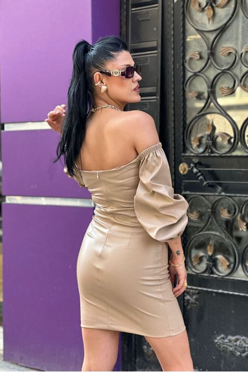 Balon Kol Kalp Yaka Deri Mini Elbise-Vizon