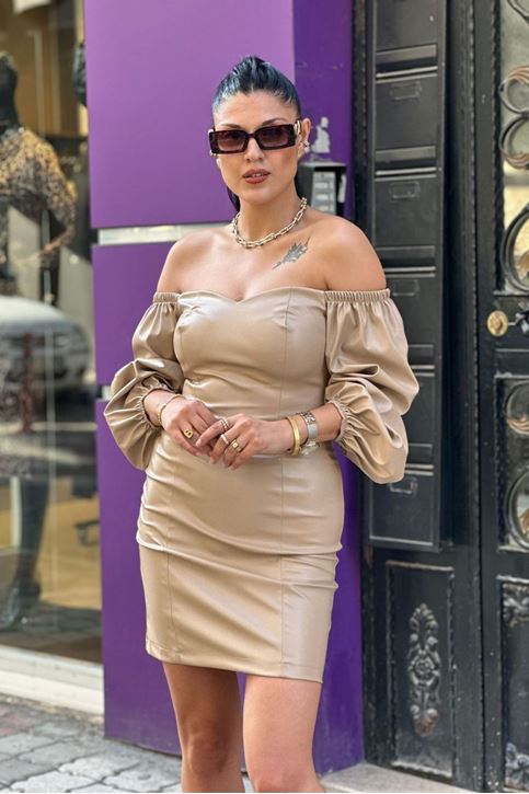 Balon Kol Kalp Yaka Deri Mini Elbise-Vizon