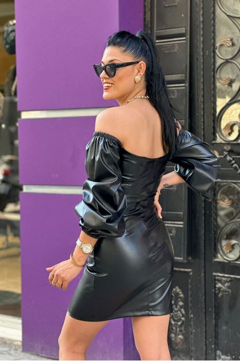 Balon Kol Kalp Yaka Deri Mini Elbise-Siyah