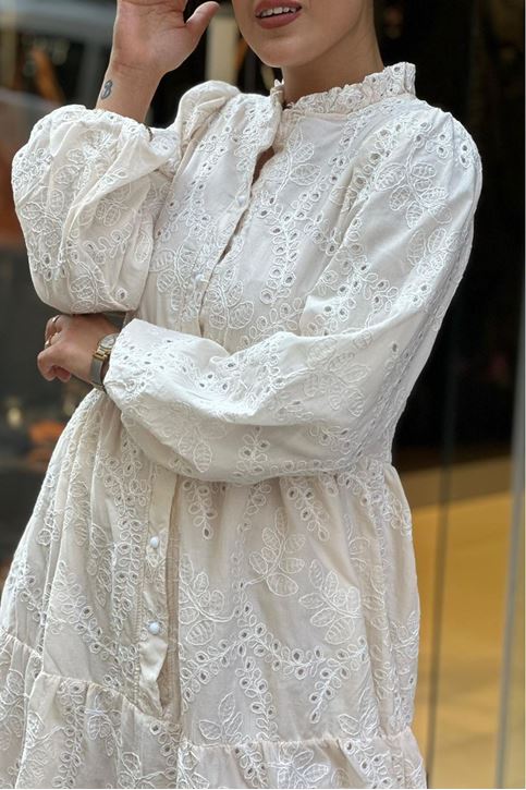 Dik Yaka Tamamı Fisto Uzun Kol Midi Boy Elbise-Krem