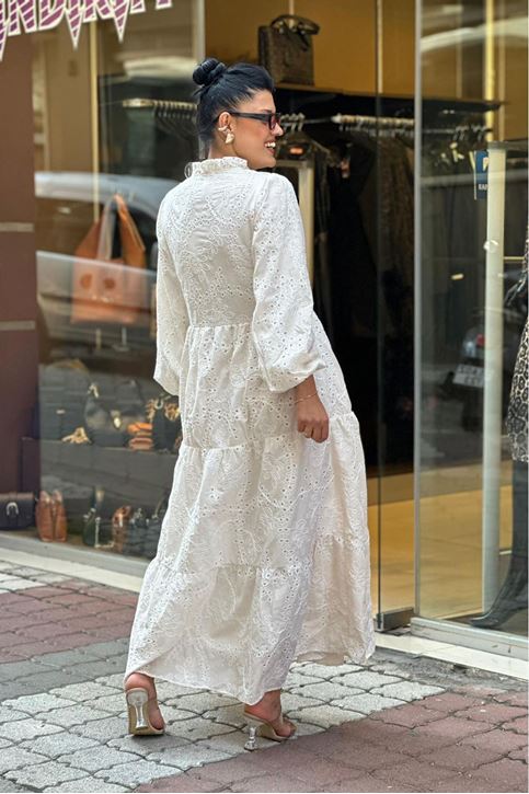 Dik Yaka Tamamı Fisto Uzun Kol Midi Boy Elbise-Krem