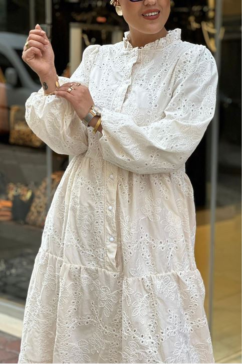 Dik Yaka Tamamı Fisto Uzun Kol Midi Boy Elbise-Krem