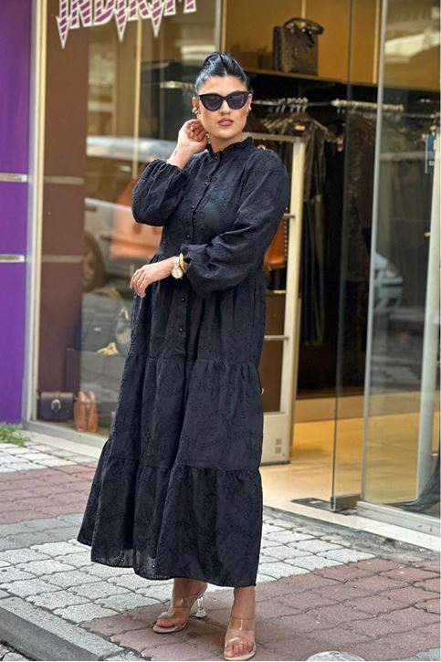 Dik Yaka Tamamı Fisto Uzun Kol Midi Boy Elbise-Siyah