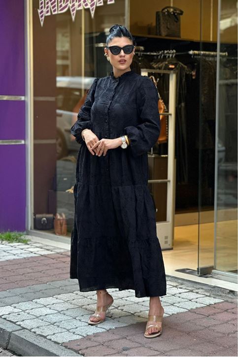 Dik Yaka Tamamı Fisto Uzun Kol Midi Boy Elbise-Siyah