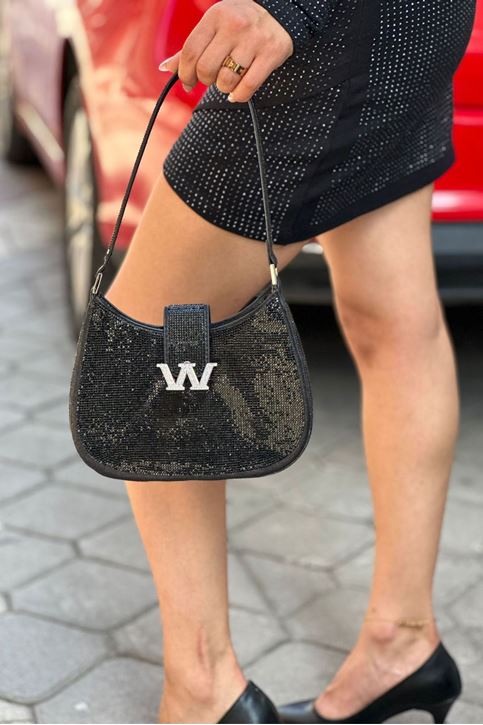 Tamamı Taş İşlemeli Hem Yan Hem Kol Askılı Mini Çanta-Siyah