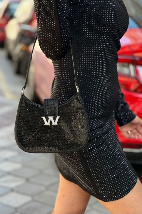 Tamamı Taş İşlemeli Hem Yan Hem Kol Askılı Mini Çanta-Siyah