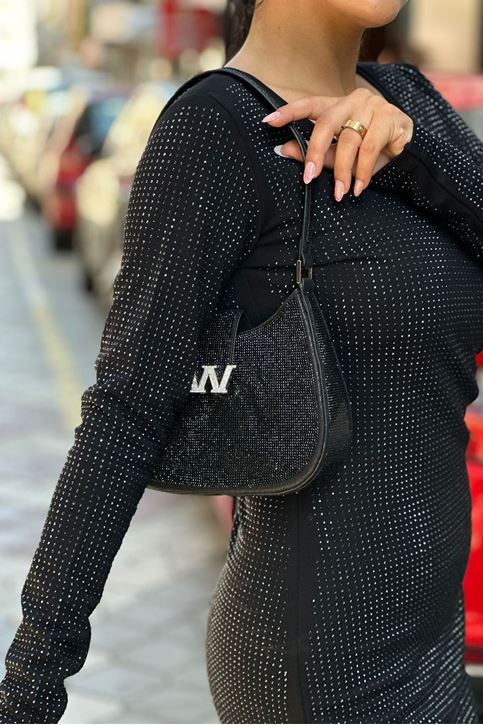 Tamamı Taş İşlemeli Hem Yan Hem Kol Askılı Mini Çanta-Siyah