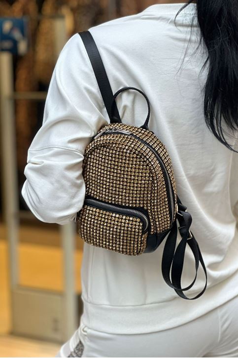 Küçük Cep Detaylı Tamamı Taş İşlemeli Mini Sırt Çantası-gold
