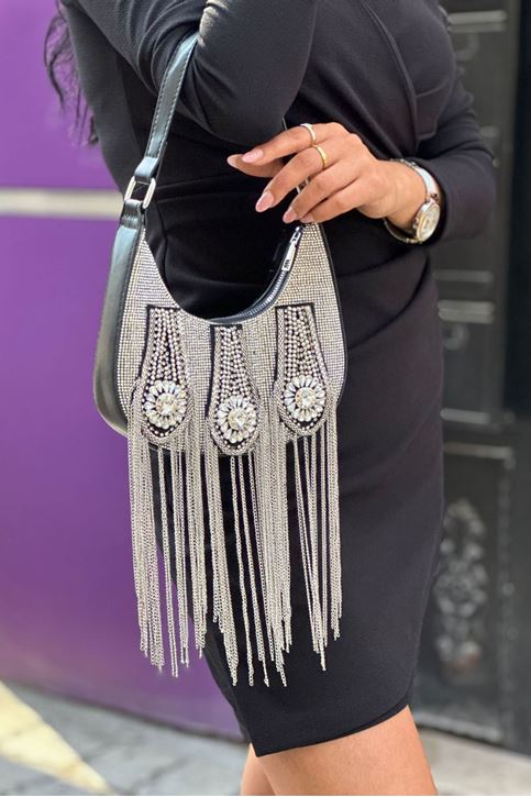 Üç Taşlı Zincir Detaylı Kol Çanta-Gümüş