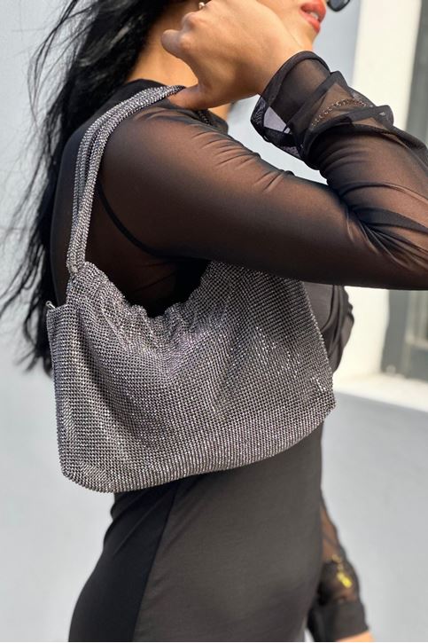 Tamamı Taşlı Salaş Dokulu Mini Kol Çantası-Gümüş