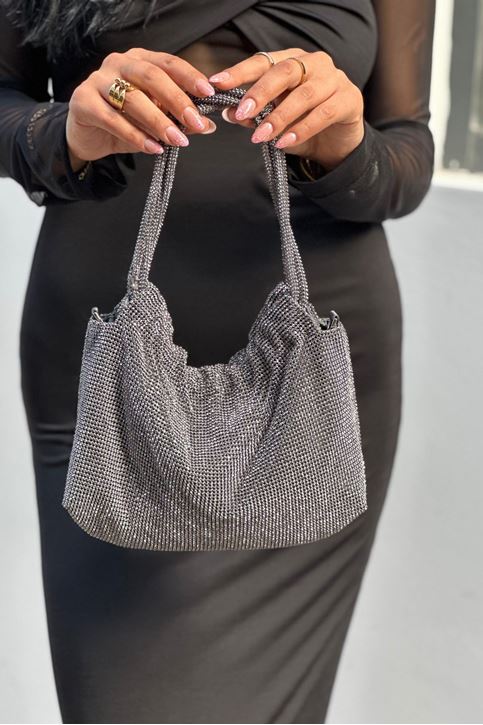 Tamamı Taşlı Salaş Dokulu Mini Kol Çantası-Gümüş