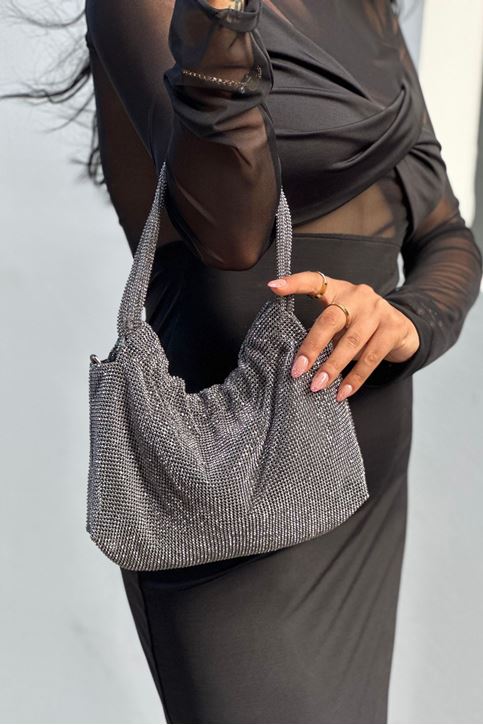 Tamamı Taşlı Salaş Dokulu Mini Kol Çantası-Gümüş