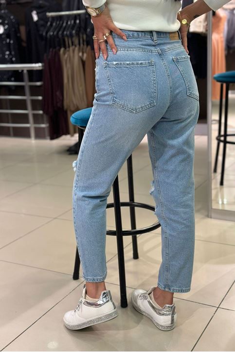 Yüksek Bel Yırtık Detaylı Boru Jean-Açık Mavi