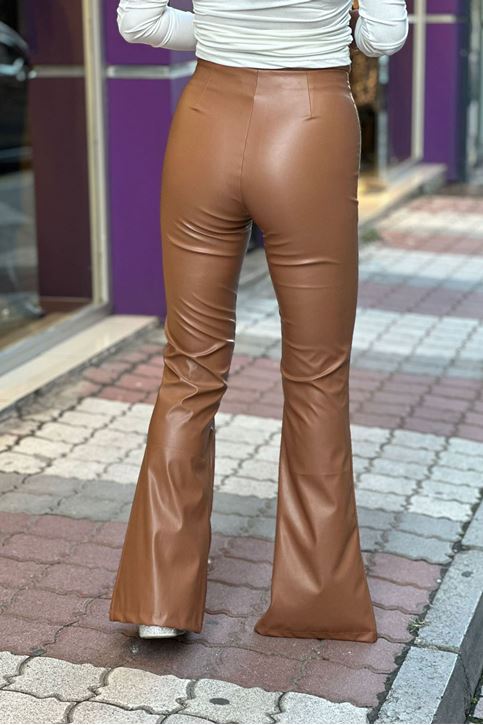 Yüksek Bel Ön Çımalı Yırtmaçlı Deri Pantolon-Taba