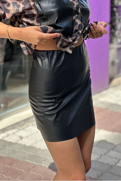 Beli Lastikli Midi Deri Etek-Siyah