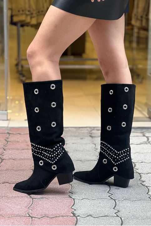 Halka İşleme Detaylı Süet Çizme-Siyah