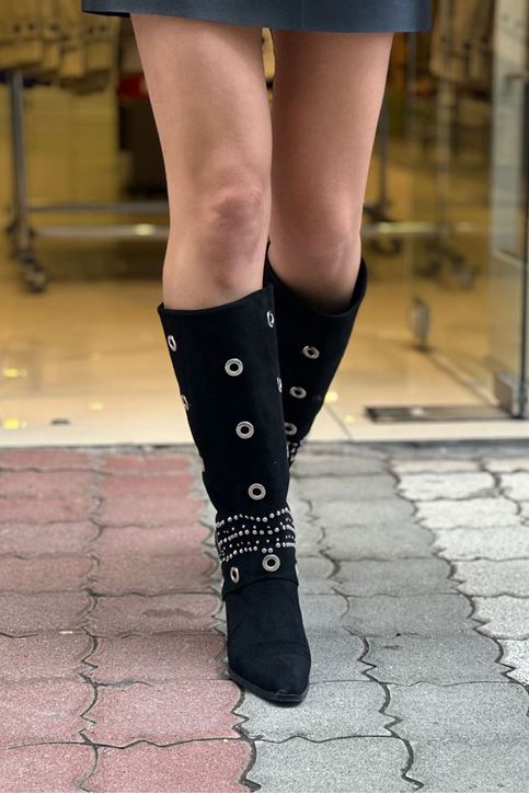 Halka İşleme Detaylı Süet Çizme-Siyah