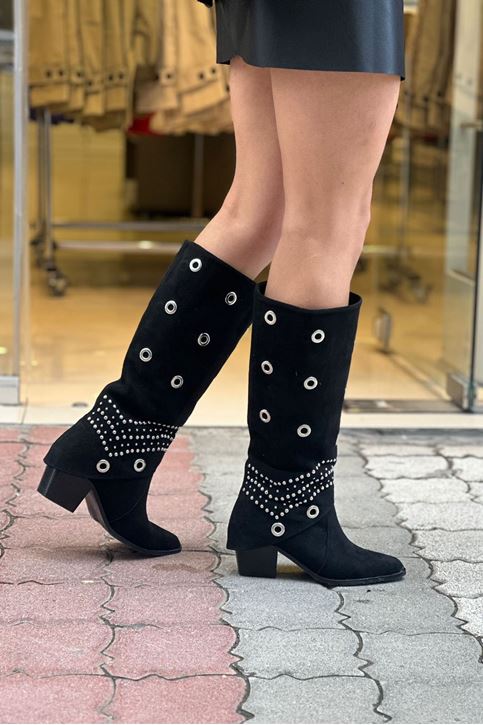 Halka İşleme Detaylı Süet Çizme-Siyah