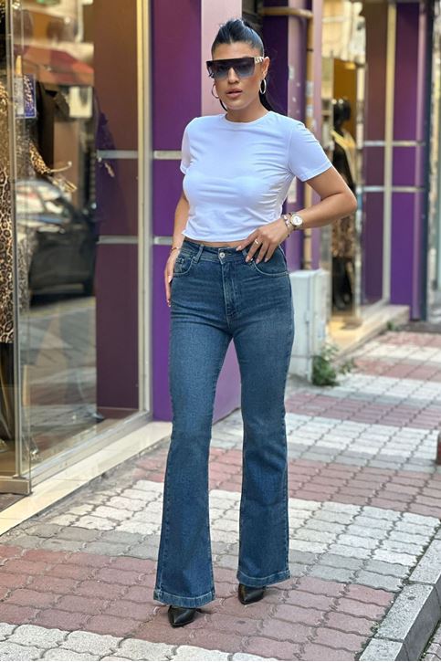 Yüksek Bel Likralı İspanyol Paça Pantolon-Mavi