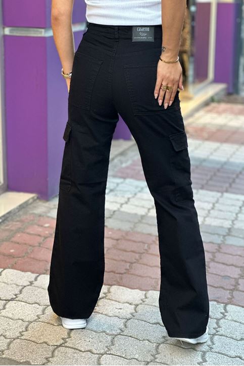 Tam Yüksek Bel Yan Kargo Cepli Pantolon-Siyah