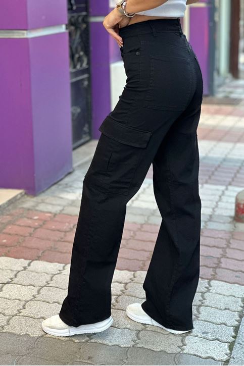 Tam Yüksek Bel Yan Kargo Cepli Pantolon-Siyah