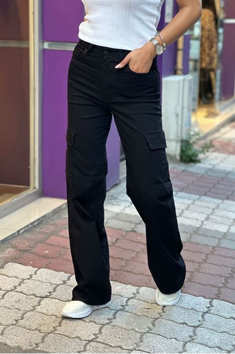 Tam Yüksek Bel Yan Kargo Cepli Pantolon-Siyah